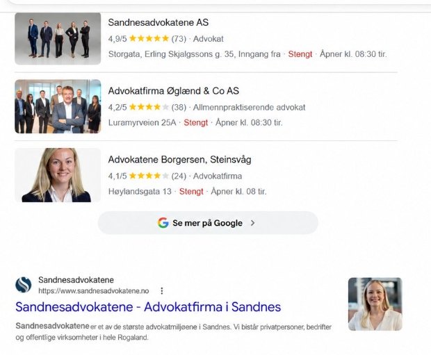 Google-søk på «advokat sandnes» 28. september 2026: Sandnesadvokatene øverst i kartet med 4,9 av 5 fra 73 anmeldelser, og øverst i de vanlige resultatene.